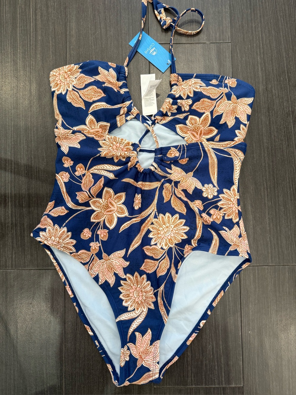 NEW Cupshe Navy One-Piece Swimsuit with Peach Floral Print